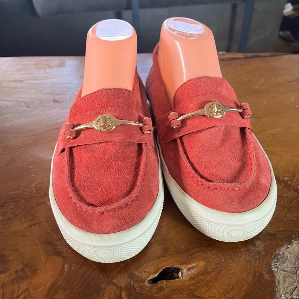 Coach “Corey” Red Suede Loafers Size 8.5 Gold Hardware White Rubber Sole - Picture 2 of 9